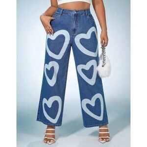 Shein High Waist Wide Leg Graffiti‎ Heart Denim Jeans Size M Streetwear Casual